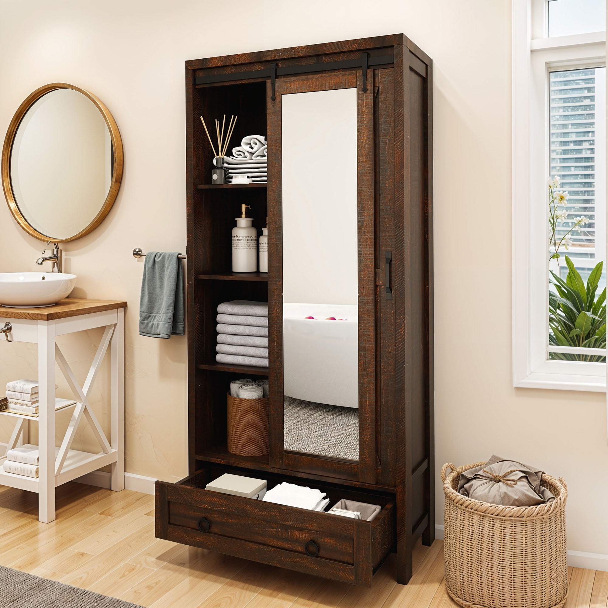 Uforic Tall Bathroom Cabinet with Mirror & Drawer, Linen Storage Cabinet with Doors & Shelves ...