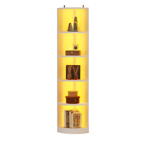 Uforic Tall Corner Shelf with Led Light, 5-Tier Bookshelf, Modern Corner Bookcase Display Rack Storage Shelves, White