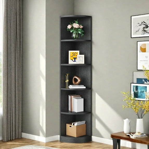 Uforic Tall Corner Shelf, 5-Tier Bookshelf, Modern Corner Bookcase Display Rack Storage Shelves, Black