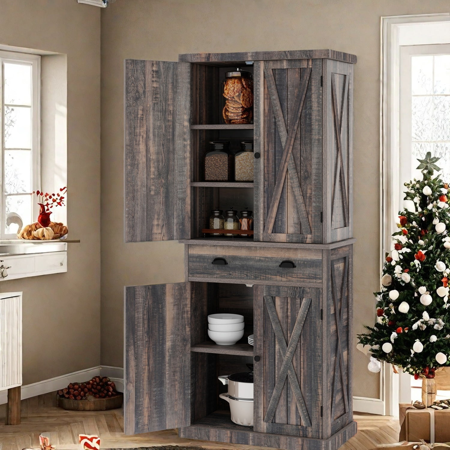 Uforic Tall Pantry Cabinet with 4 Doors and Adjustable Shelves, 72 Inch Farmhouse Storage for Kitchen Dining Living Room, Dark Rustic Oak