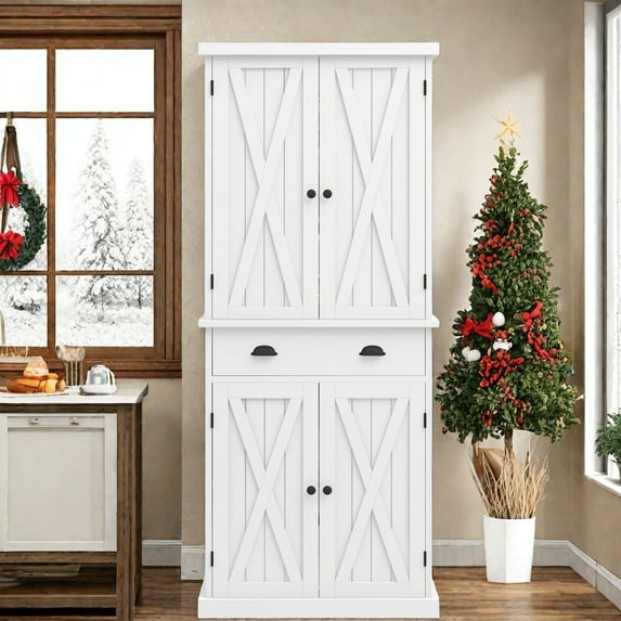 Uforic Tall Kitchen Pantry Storage Cabinet with 4 Doors and Shelves, 72"Farmhouse Kitchen Storage Cabinets, 6-Tier Wooden Cupboard Freestanding Buffet for Kitchen Dining Living Room, White