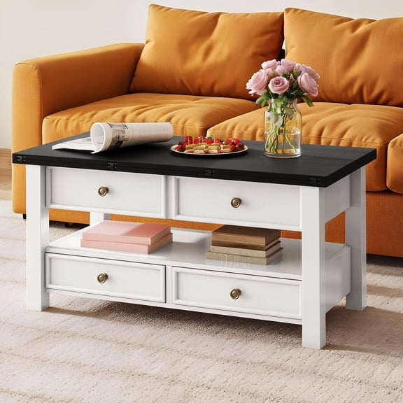 Uforic Tea Table with Lift-Top Design, Hidden Storage & Drawers for Living Room & Home Office, Beige & Black