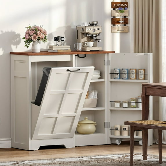 Uforic Tilt Out Trash Can Cabinet for 13-gal Trash Bin, Kitchen Storage Cabinet with Doors & Shelves, White