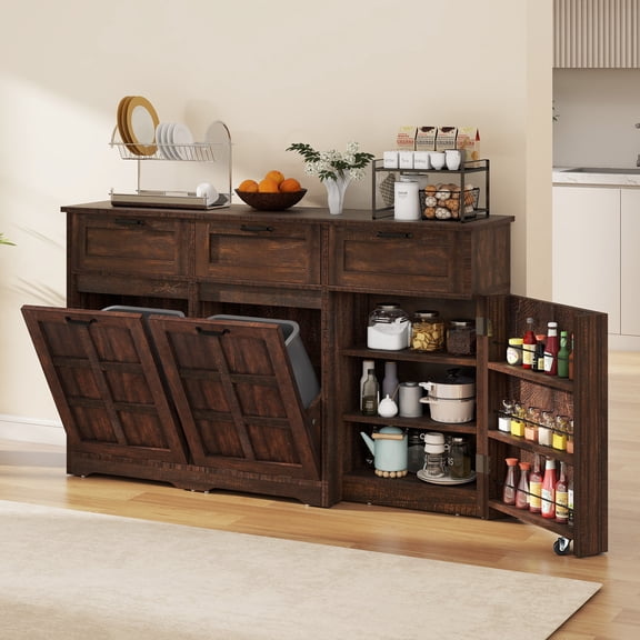 Uforic Tilt Out Trash Storage Cabinet with Drawers & Doors, Kitchen Sideboard Cabinet for Double 10-gal Trash Bins Storage, Brown