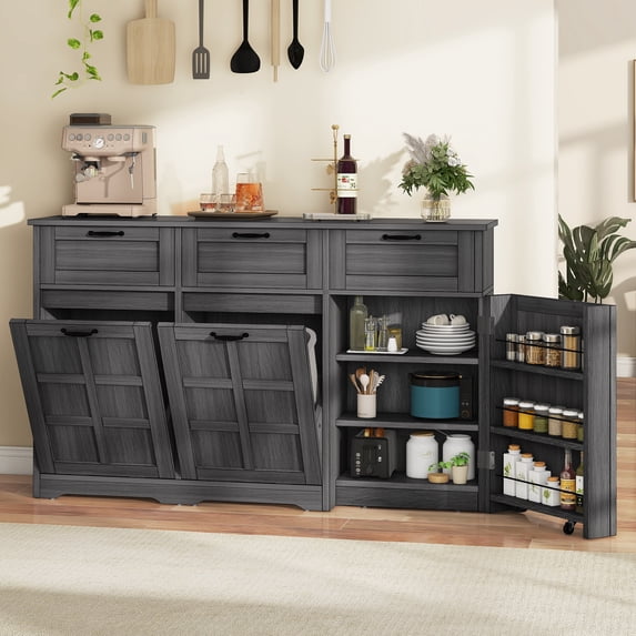 Uforic Tilt Out Trash Storage Cabinet with Drawers & Doors, Kitchen Sideboard Cabinet for Double 10-gal Trash Bins Storage, Gray