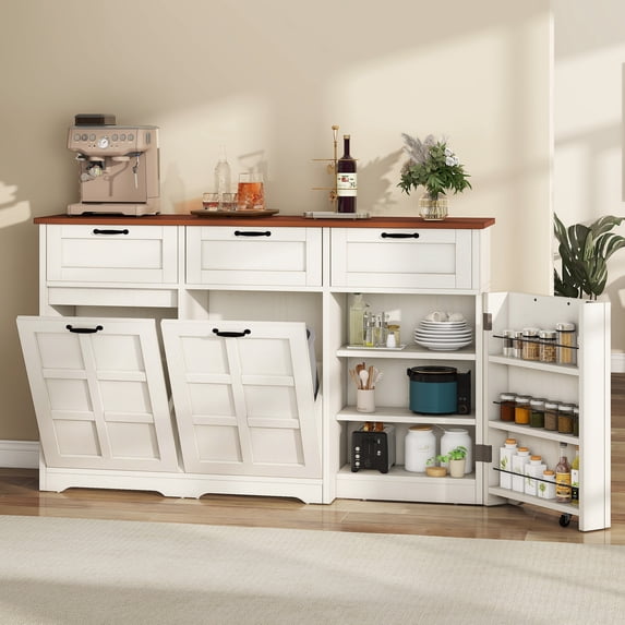 Uforic Freestanding Tilt Out Trash Storage Cabinet with Drawers & Doors, Kitchen Sideboard Cabinet for Double 10-gal Trash Bins Storage, White