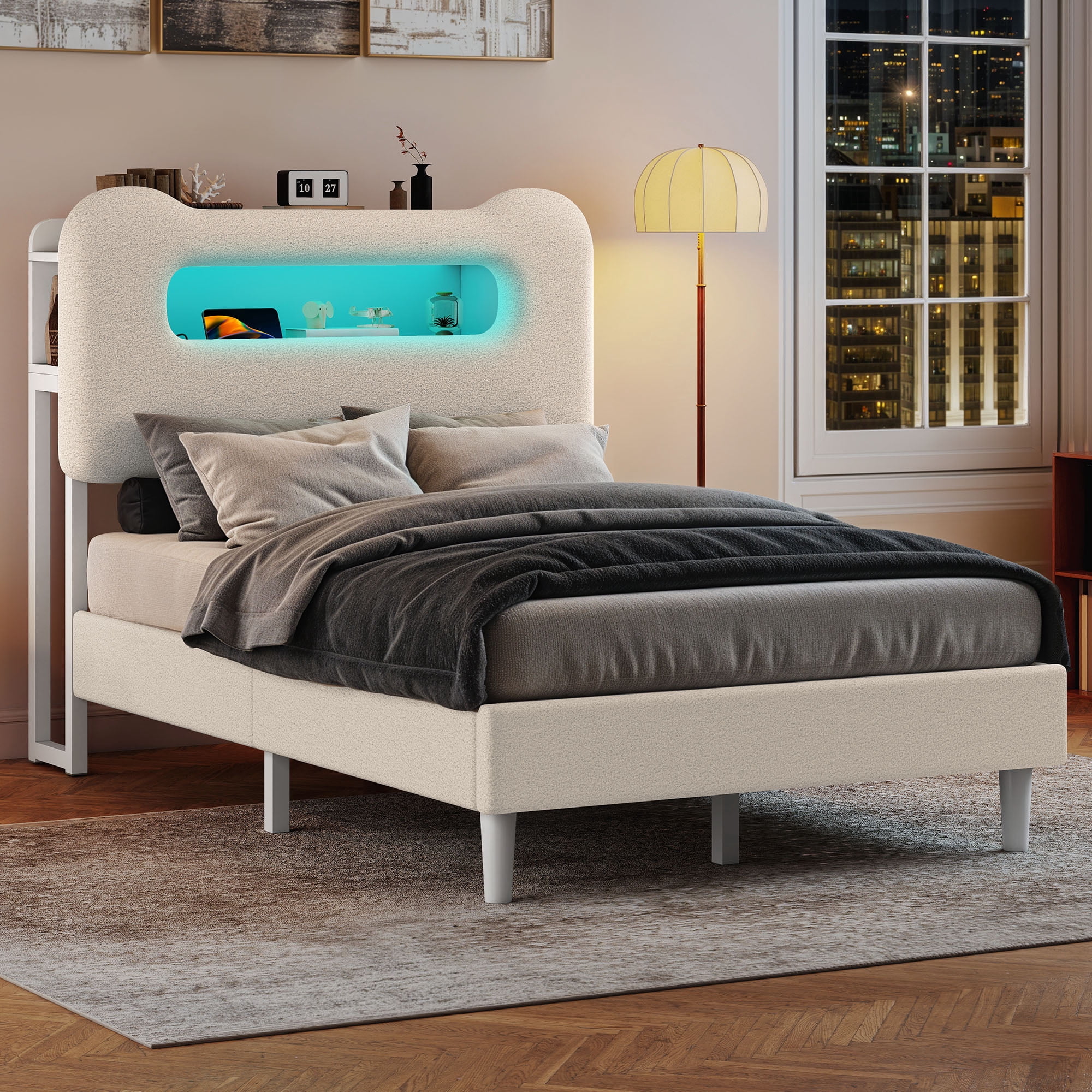 Uforic Twin Bed Frame with LED Headboard, Charging Ports, Storage Shelf, Boucle Upholstery, No Box Spring Needed, Cream