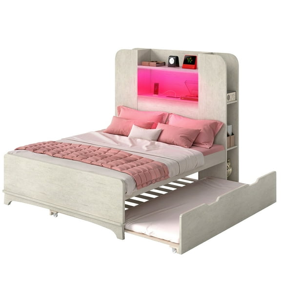 Uforic Twin Bed Frame with Trundle & Bookshelf, Wood Trundle Bed Frame with Storage Headboard & Charging Station, White