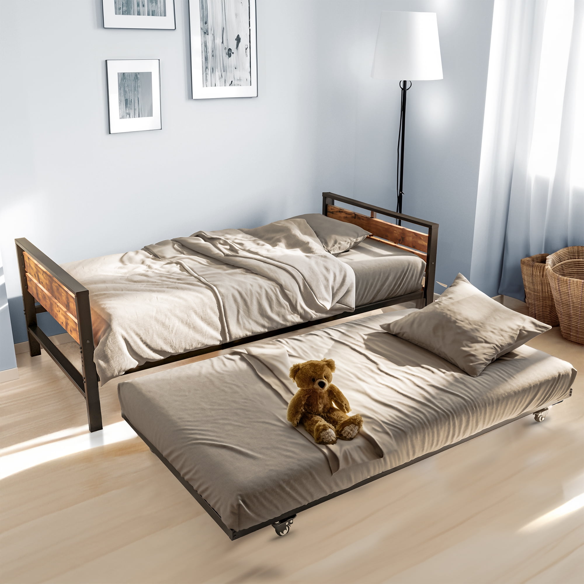 Uforic Twin Daybed with Trundle and Adjustable Height, Multi-Functional Sofa Bed with Steel Slats, Space-Saving Furniture for Living Room and Guest Room (Black)