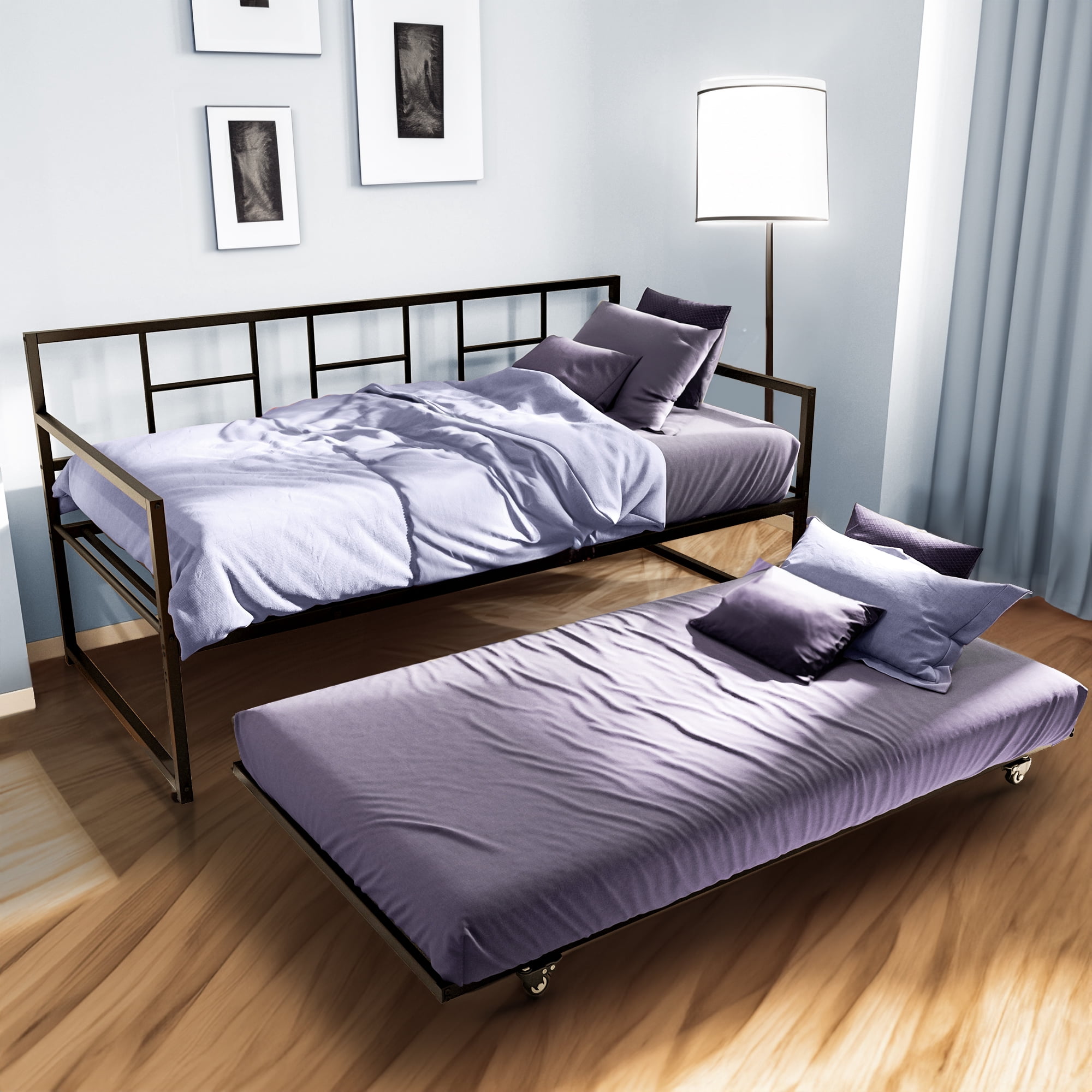 Uforic Twin Daybed Trundle, Adjustable Height, Steel Slat Support, Space-Saving Multi-Functional Sofa Bed, Black