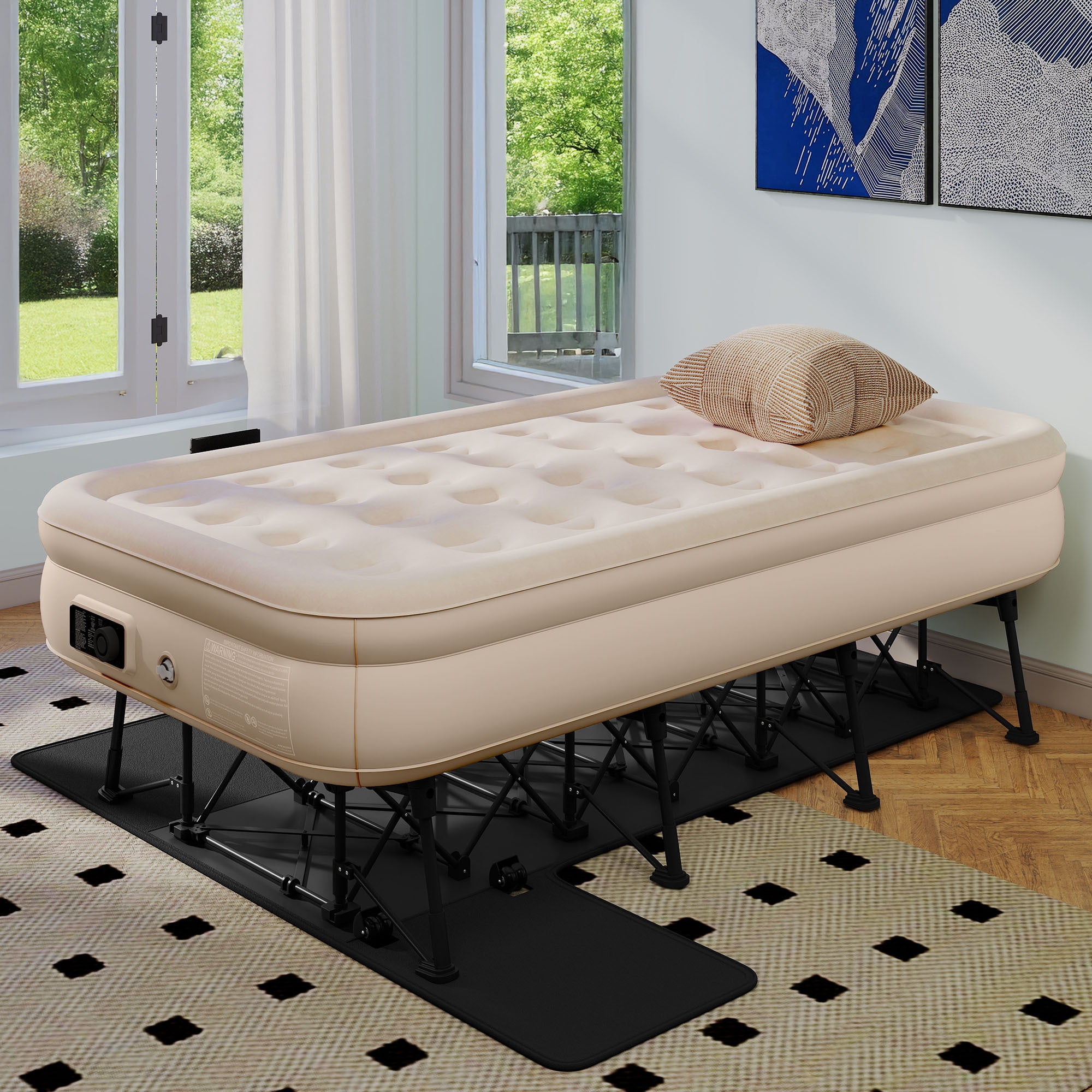 Uforic Twin Inflatable Air Bed with Folding Frame and Rolling Bag, Built-in Pump Blow Up Mattress, Portable Air Mattress for Camping, Guest Room and Travel, 75 x 39 x 24 Inches, Brown