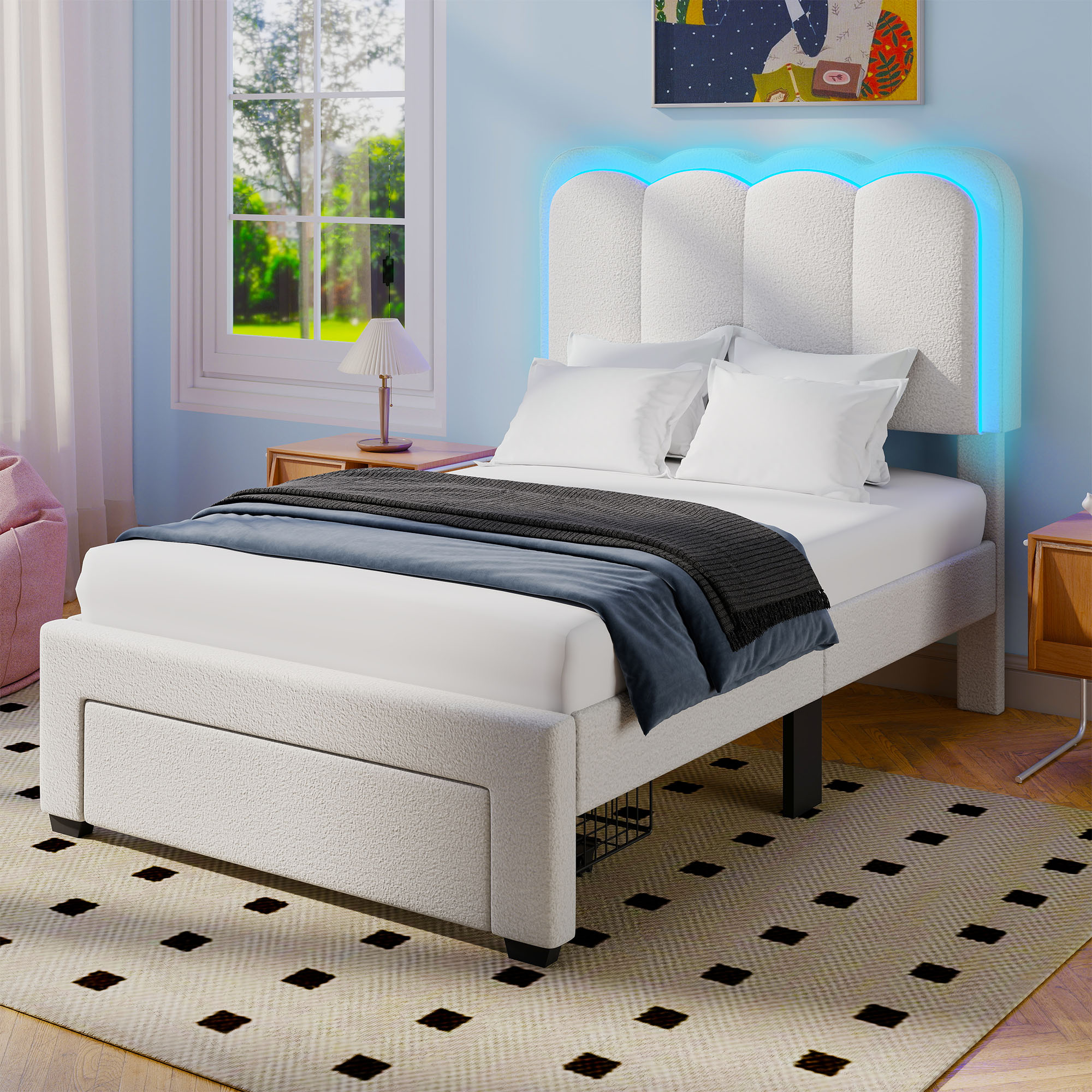 Uforic Twin Size Upholstered Bed Frame with Charging Station & Drawer, Storage Bed Frame with LED Lights & Adjustable Headboard, White