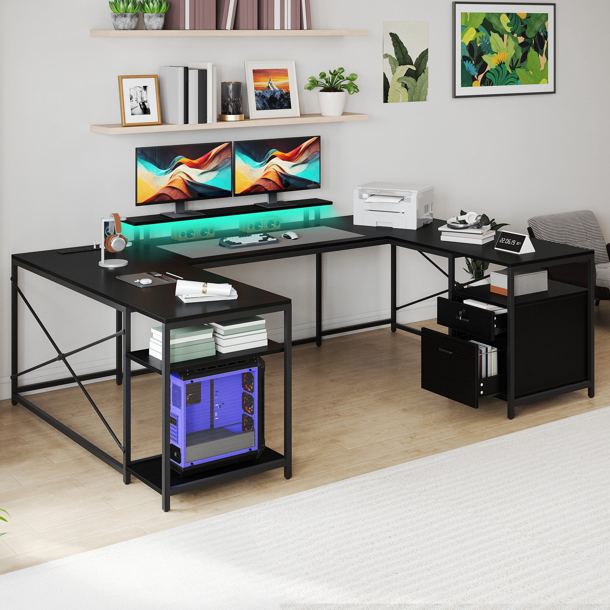 Uforic U Shaped Computer Desk with Power Outlets and LED Lights, Reversible L Shape Desk for Home Office, Black