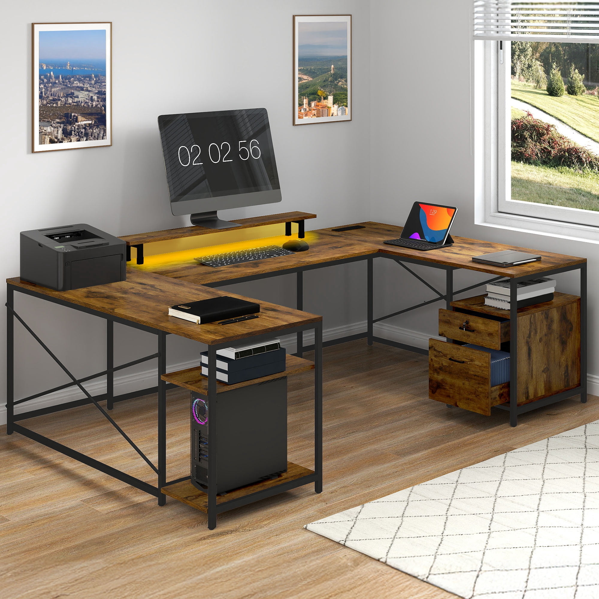 Uforic U Shaped Computer Desk with Power Outlets and LED Lights, Reversible L Shape Desk for Home Office, Brown