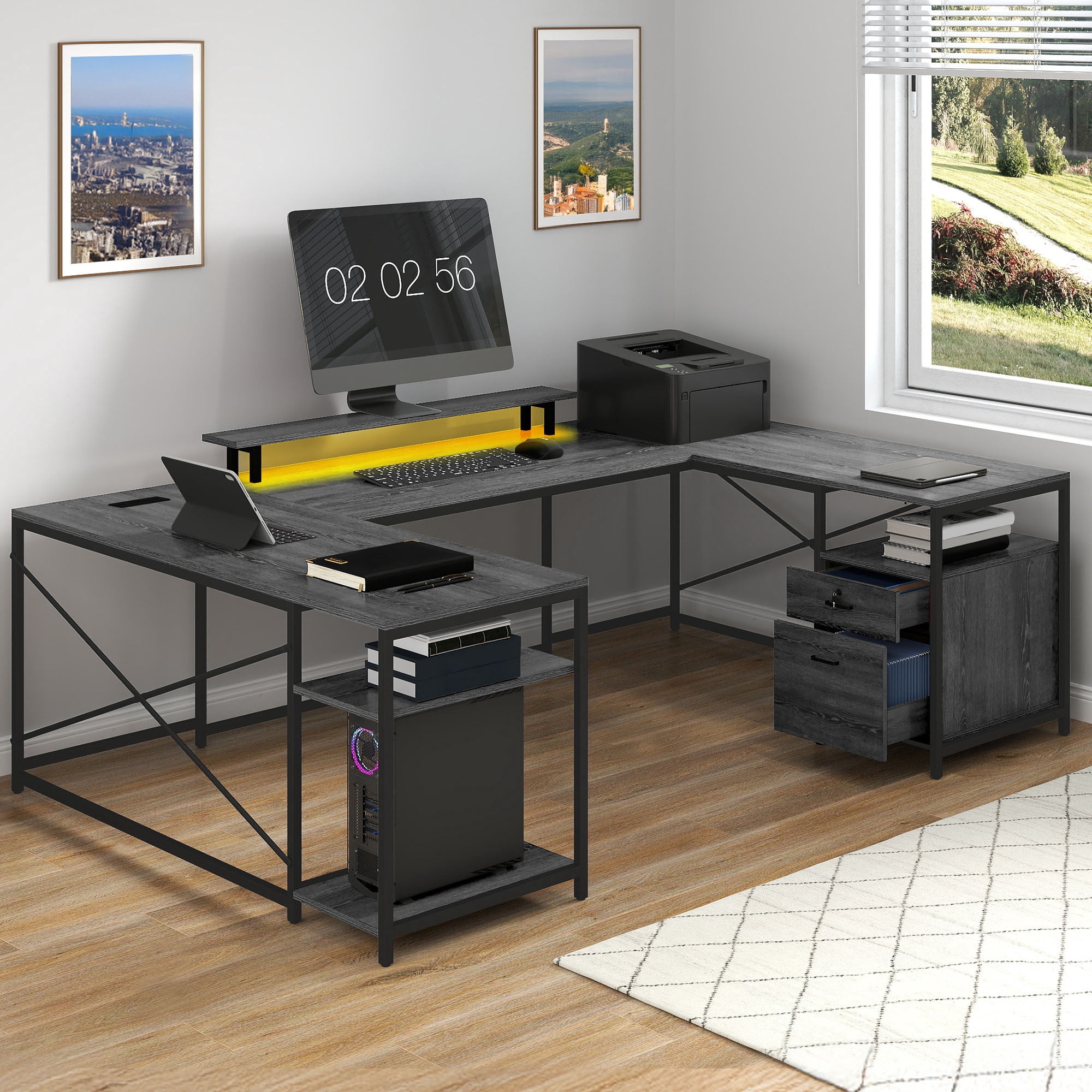 Uforic U Shaped Computer Desk with Power Outlets and LED Lights, Reversible L Shape Desk for Home Office, Gray