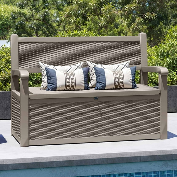 Uforic Uforic 70 Gallon Outdoor Resin Deck Bench,Waterproof & Lockable Storage Box Bench with Armrests for Garden Patio, Light Brown