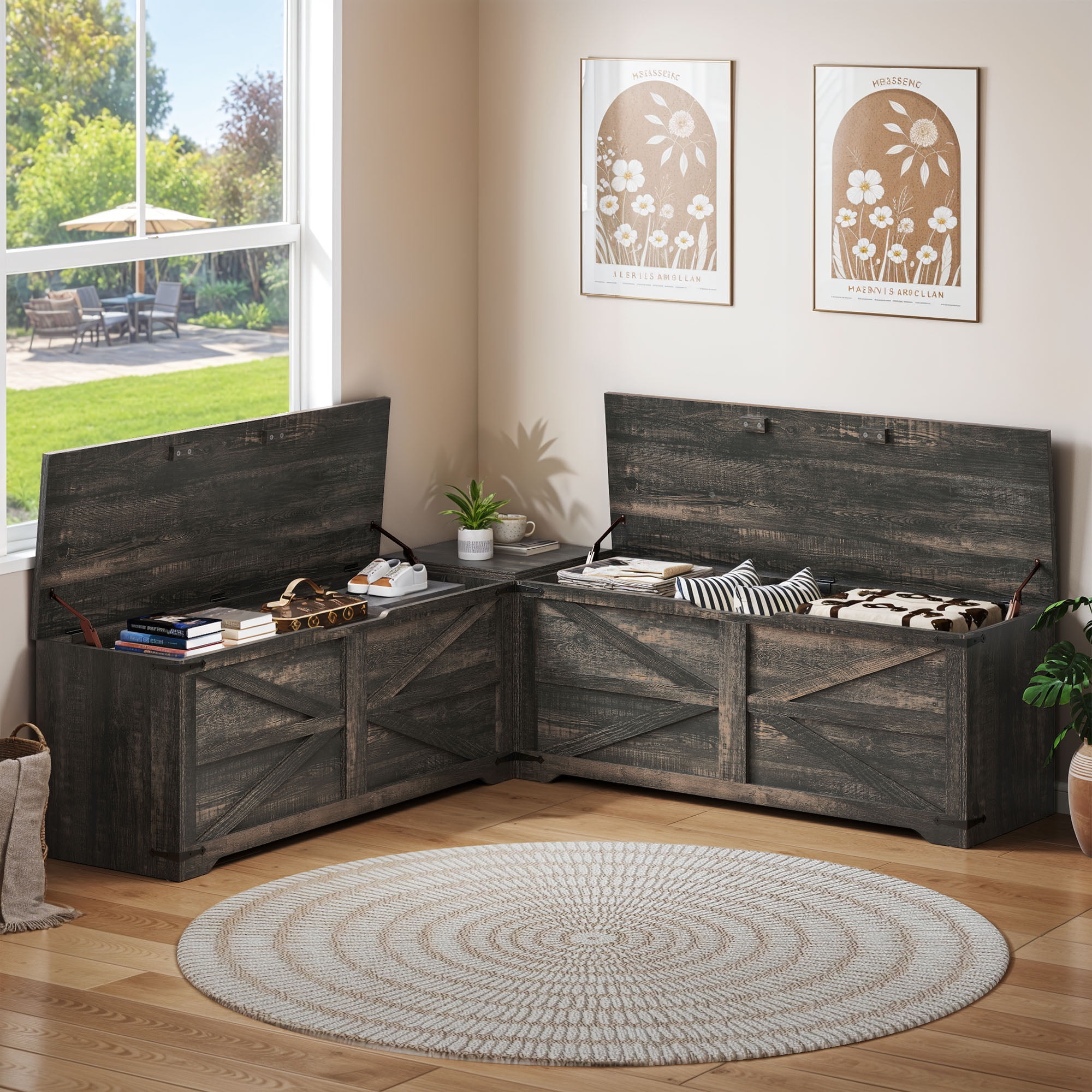 新品未使用　希少Cartier Wood box Anthracite Grey Uforic Uforic L-Shaped Wood Farmhouse Storage Chest,Nook Corner