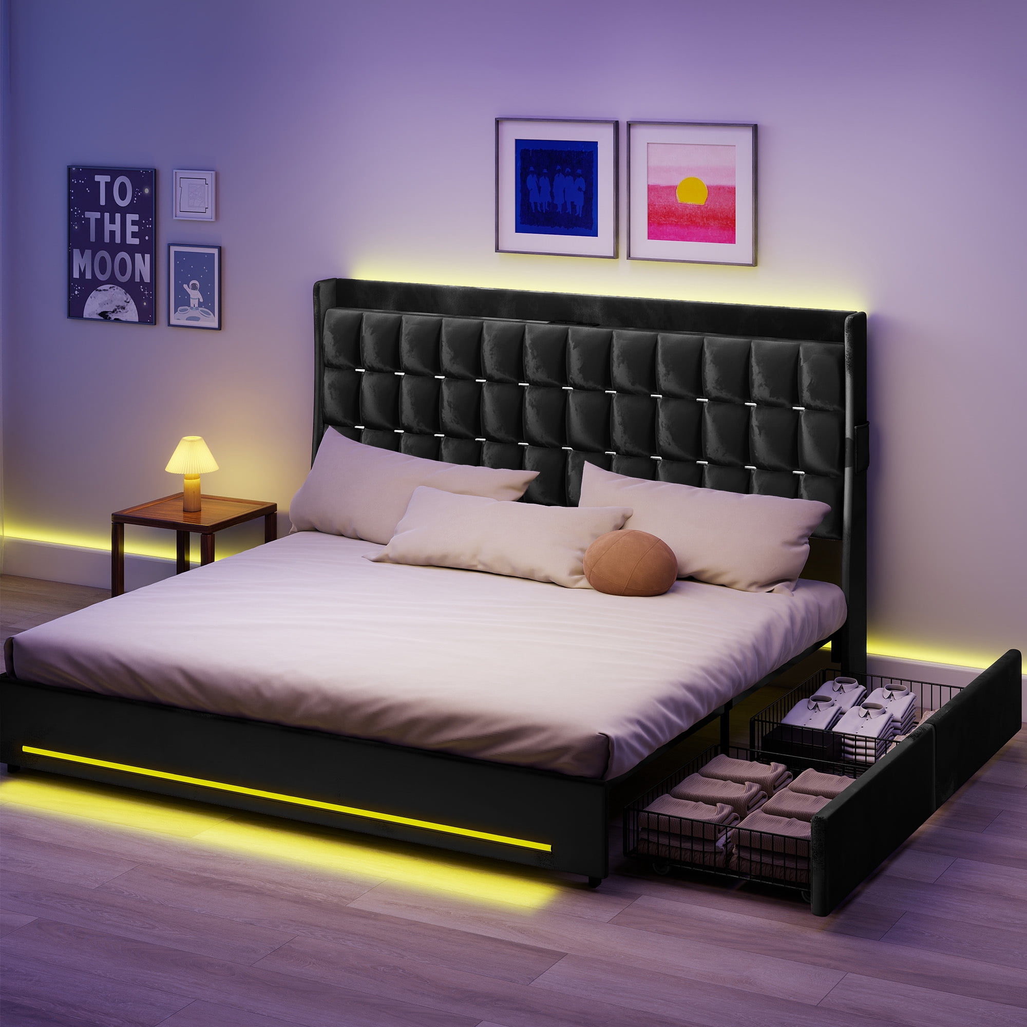 Uforic Upholstered Bed Frame with Charging Station & Drawers, King Size Bed Frame with LED Lights, Black