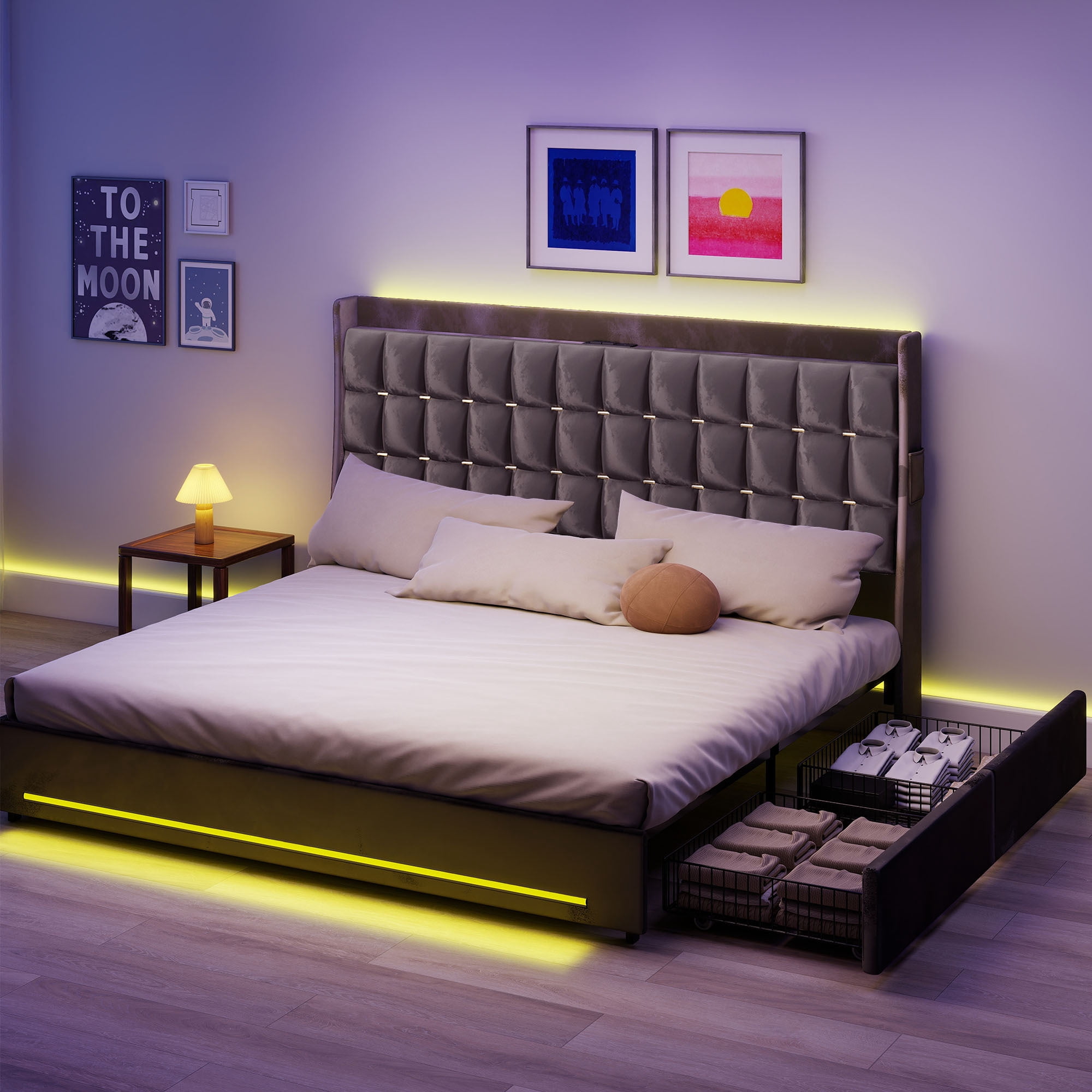Uforic Upholstered Bed Frame with Charging Station & Drawers, King Size Bed Frame with LED Lights, Gray