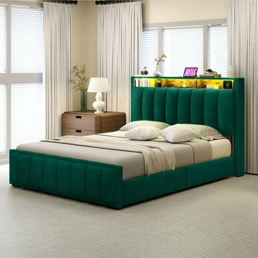 Uforic Upholstered Full Size Bed Frame with Charging Station & Headboard, Platform Bed Frame with Drawers, Green