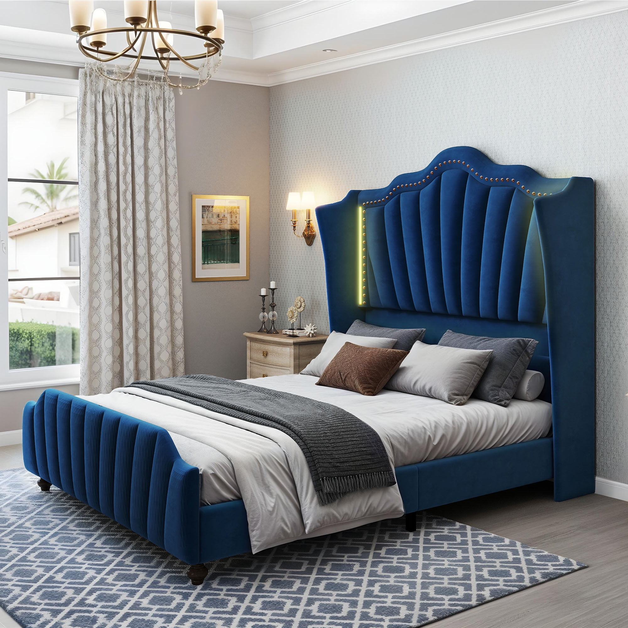 Uforic Upholstered Queen Size Platform Bed Frame with LED Lights & Tall Headboard & Footboard, Blue