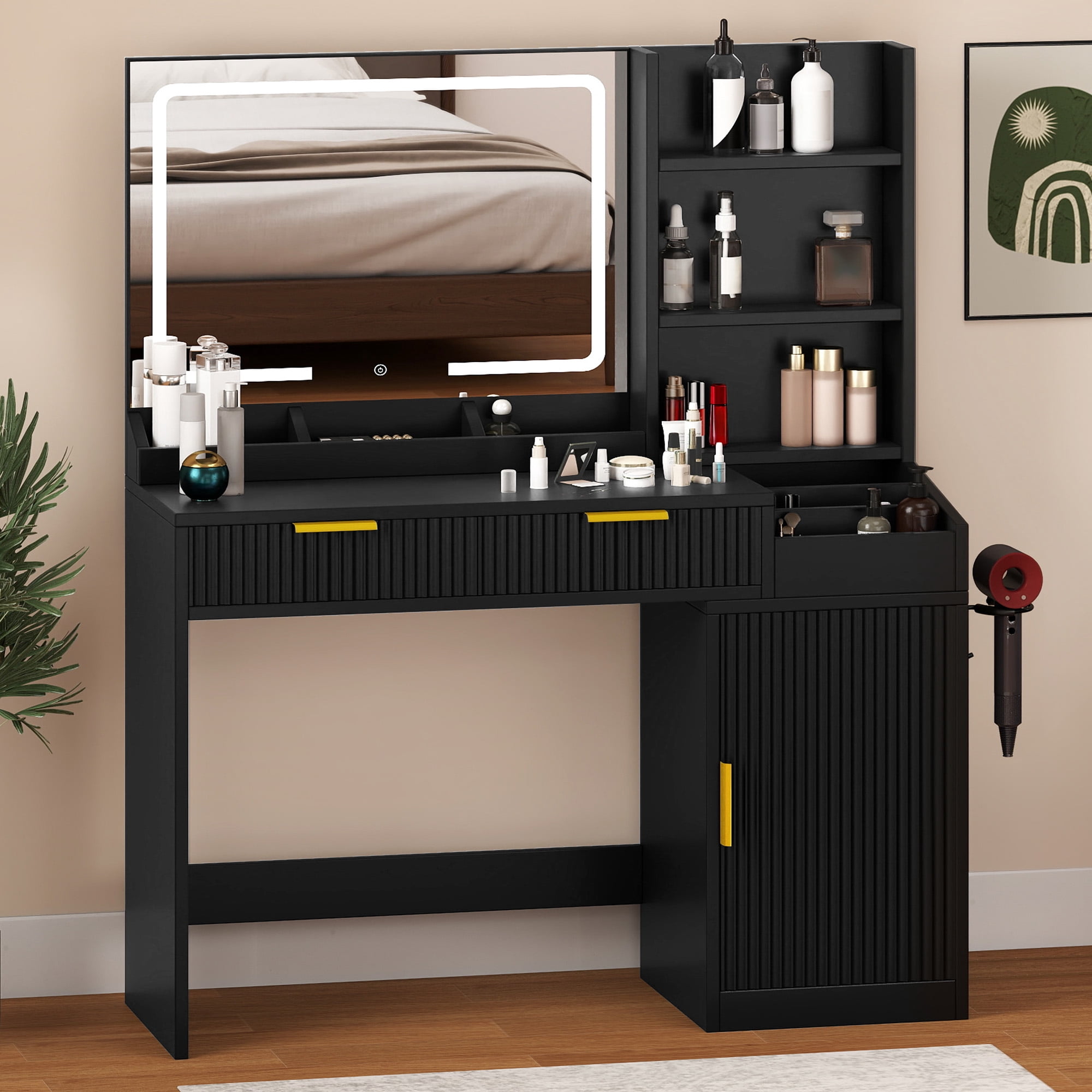 Uforic Vanity Desk with Mirror and LED Lights, Makeup Vanity Table with 2 Drawers & 11 Shelves, Makeup Table with Power Outlet for Bedroom Dressing Room,Black