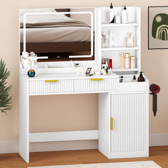 Uforic Vanity Desk with Mirror and LED Lights, Makeup Vanity Table with 2 Drawers & 11 Shelves, Makeup Table with Power Outlet for Bedroom Dressing Room,White