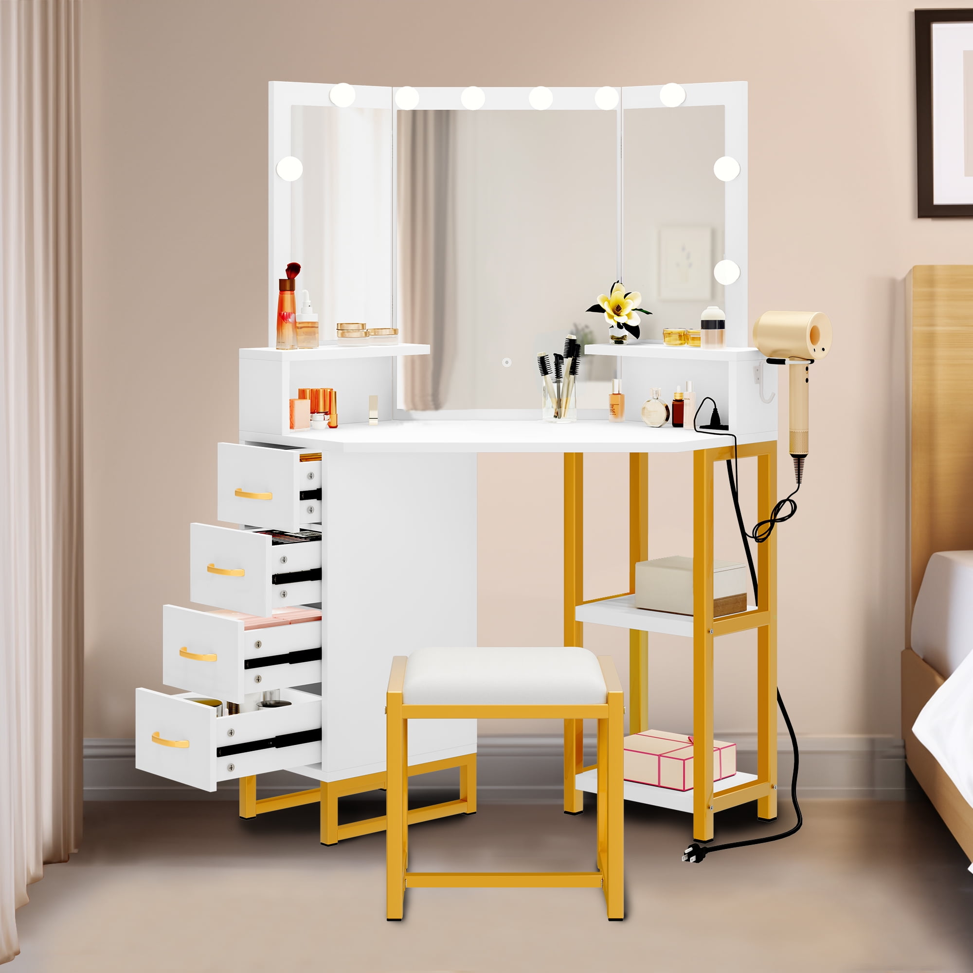 Uforic Corner Vanity Desk with Mirror, Lights, Power Outlet, Adjustable Brightness, White