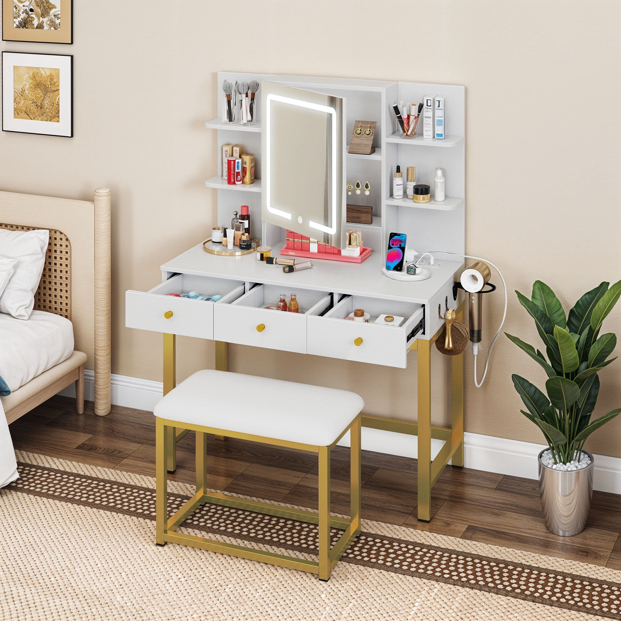 Uforic Vanity Desk Set with Light Mirror & Power Outlet, Makeup Table with Drawers, Adjustable Cabinet/Makeup Vanity Stool for Women, Girls - White