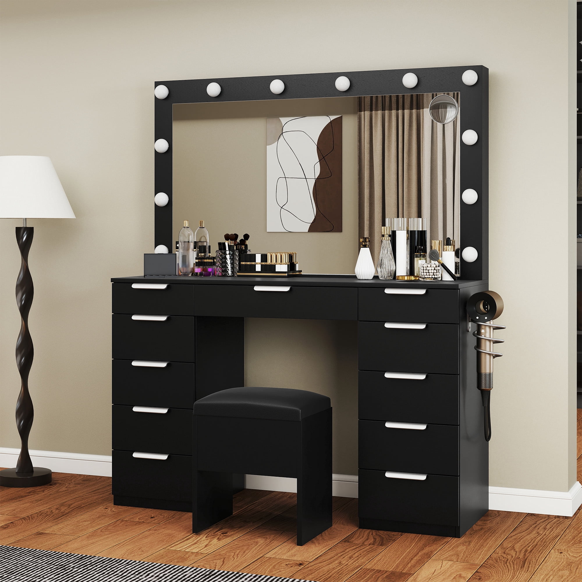 Uforic Vanity Desk with 12-Bulb Mirror, Charging Ports, 11 Drawers, Hair Dryer Holder, Storage Stool, White