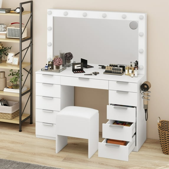Uforic Vanity Desk with 12-Bulb Mirror, Charging Ports, 11 Drawers, Hair Dryer Holder, Storage Stool, White