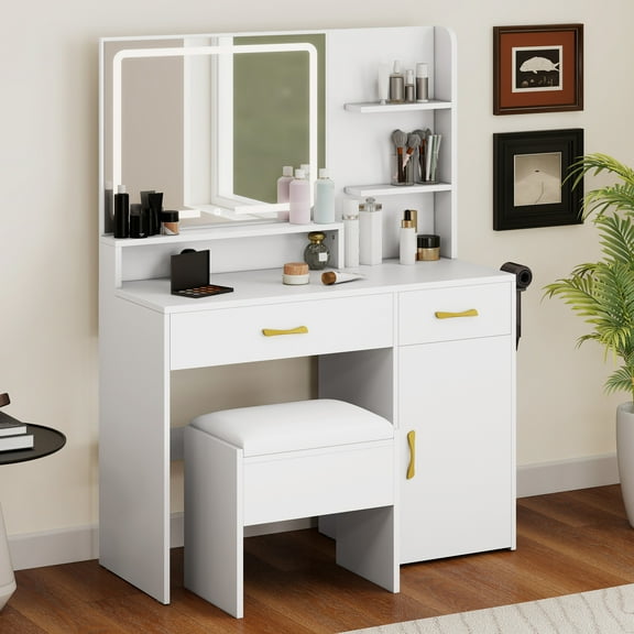 Uforic Vanity Desk with LED Mirror, Power Strip, Drawers, Shelves, Cabinet & Stool, White