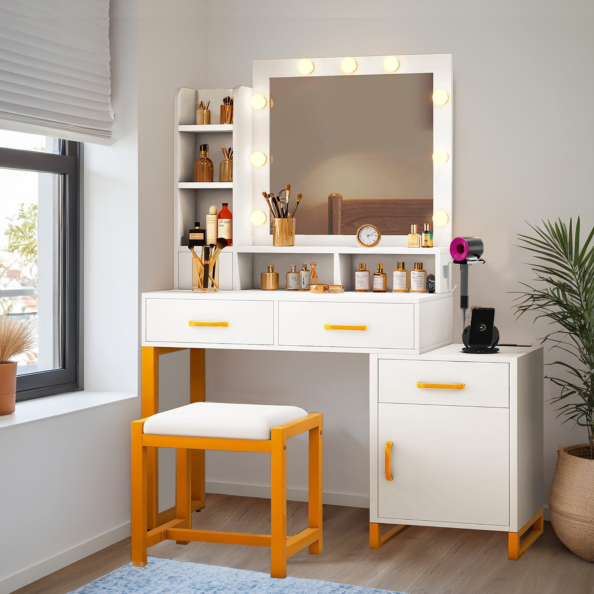 Uforic Vanity Mirror with Lights and Table Set, 3 Color Adjustable Lighting Brightness & Power Outlet, Hair Dryer Rack, White