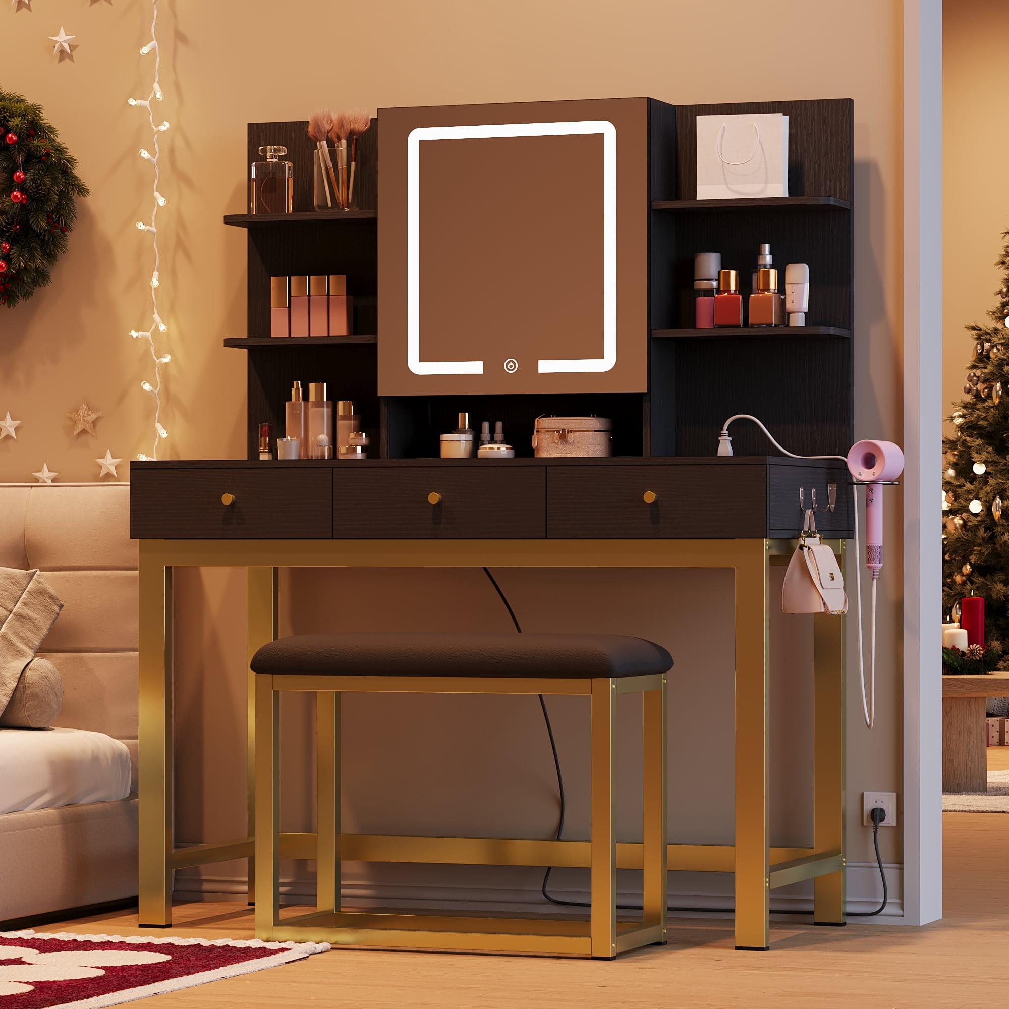 Uforic Vanity Set with Lighted Mirror & Power Outlet, Makeup Vanity Table Desk Chair Set for Bedroom, Black