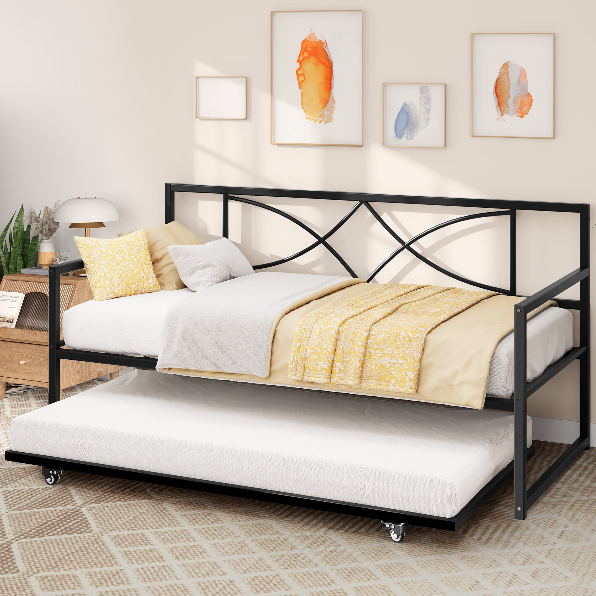Uforic Versatile Metal Twin Daybed with Trundle for Shared Bedroom, Guest Room, Living Room ,Black