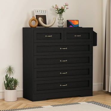 Uforic Vertical Dresser with 6 Drawers, Chest of Drawers with Power Outlets, Black