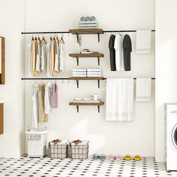 Uforic Wall-Mounted Closet System, Closet Organizer, Adjustable Armoires Clothing Racks with 4 Shelves Backplane, Metal Garment Rack for Checkroom, Bedroom Fits 6-9 ft Space, Black