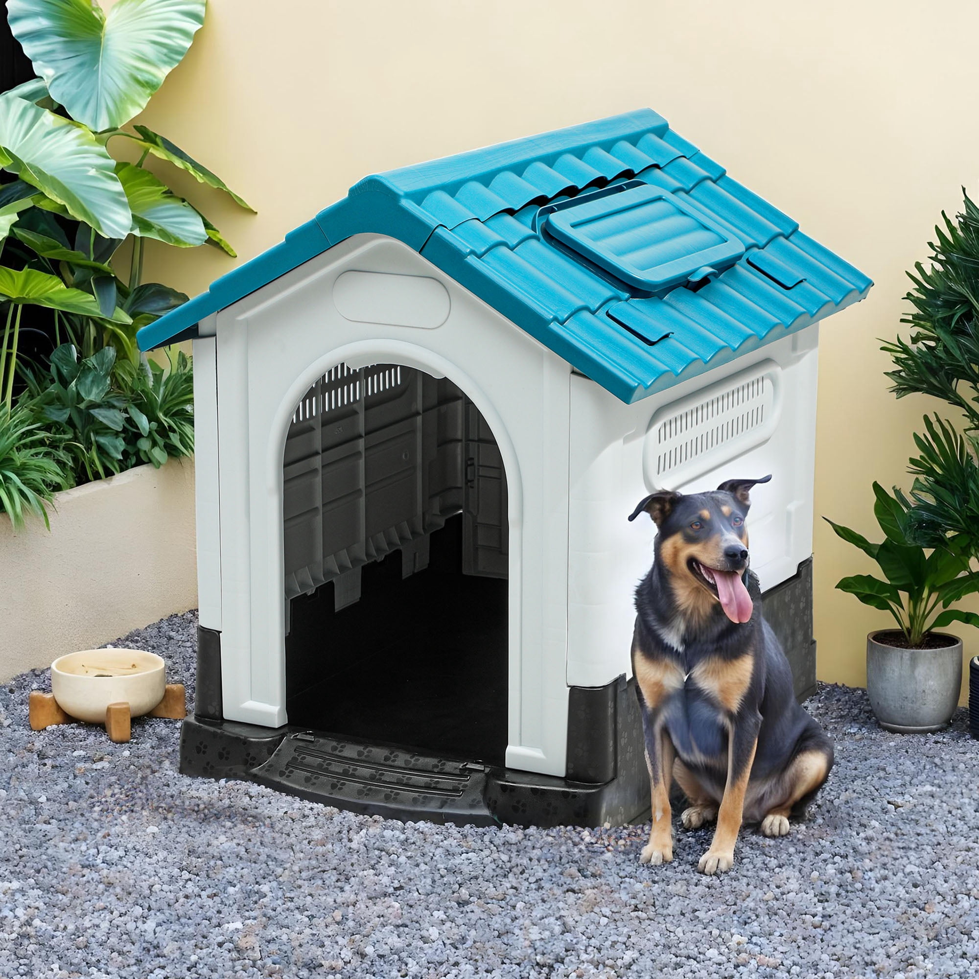 Uforic Waterproof Foldable Plastic Dog House with Adjustable Skylight and Elevated Floor, Outdoor Indoor Doghouse Puppy Shelter,Blue,33.1''Lx 27.6''Wx 30''H