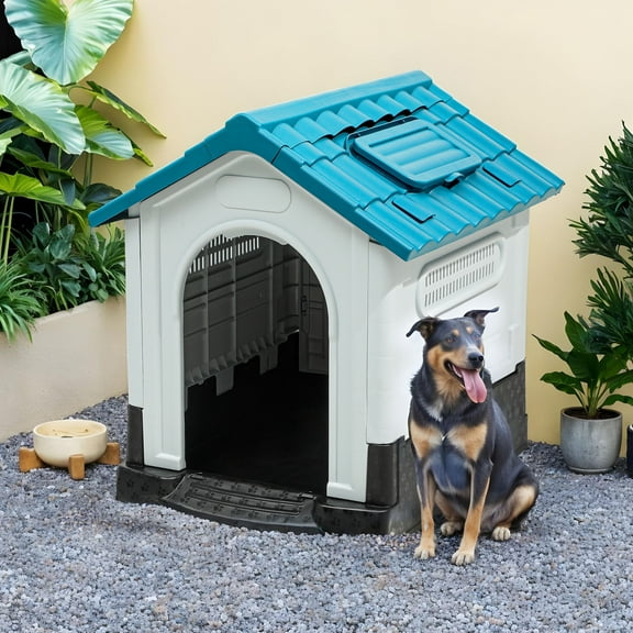 Uforic Waterproof Foldable Plastic Dog House with Adjustable Skylight and Elevated Floor, Outdoor Indoor Doghouse Puppy Shelter,Blue,33.1''Lx 27.6''Wx 30''H