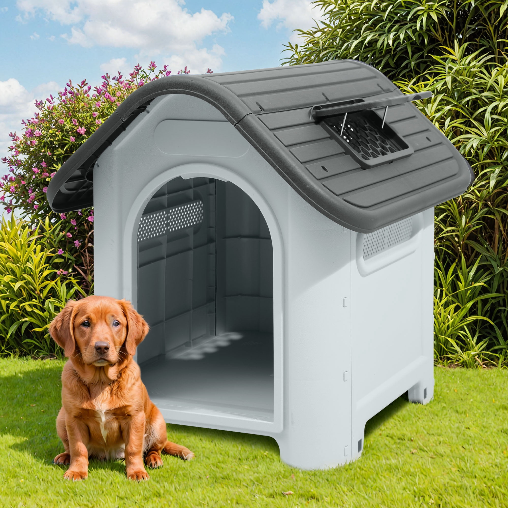 Uforic Waterproof Plastic Dog House with Adjustable Skylight and Elevated Floor, Outdoor Indoor Doghouse Puppy Shelter,Gray,30''Lx 23.3''Wx 26"H