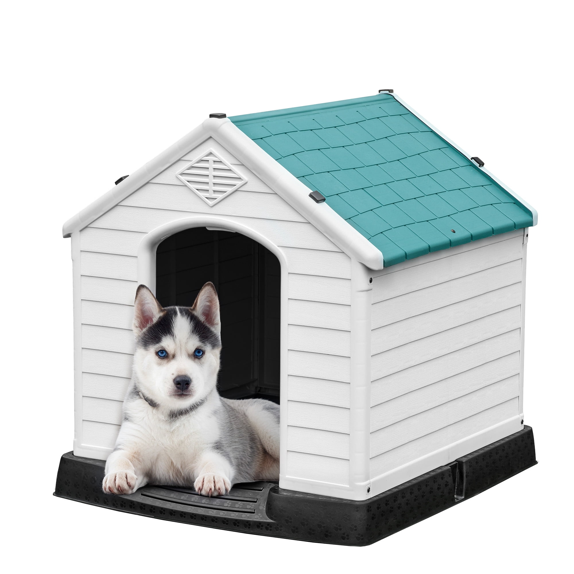 Uforic Waterproof Plastic Dog House with Air Vents and Elevated Floor, Outdoor Indoor Doghouse Puppy Shelter,Blue,28.5''Lx 26''Wx 28''H