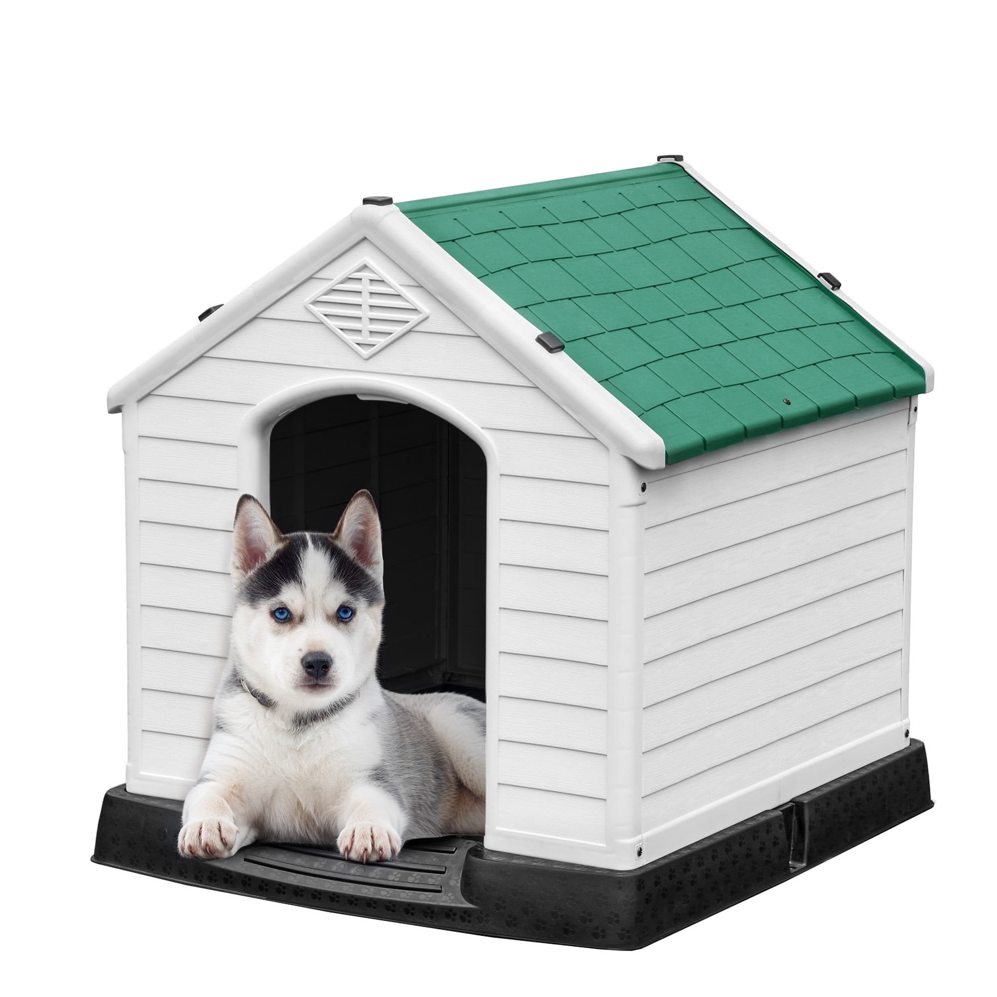 Uforic Waterproof Plastic Dog House with Air Vents and Elevated Floor, Outdoor Indoor Doghouse Puppy Shelter,Green,28.5''Lx 26''Wx 28''H