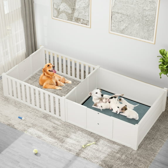 Uforic Whelping Box for Dogs,Spacious Wooden Dog Crate,Puppy Birthing Supplies with Waterproof Floor Mat, Double Rooms,78"L x 39.4"W x 17.7"H,White