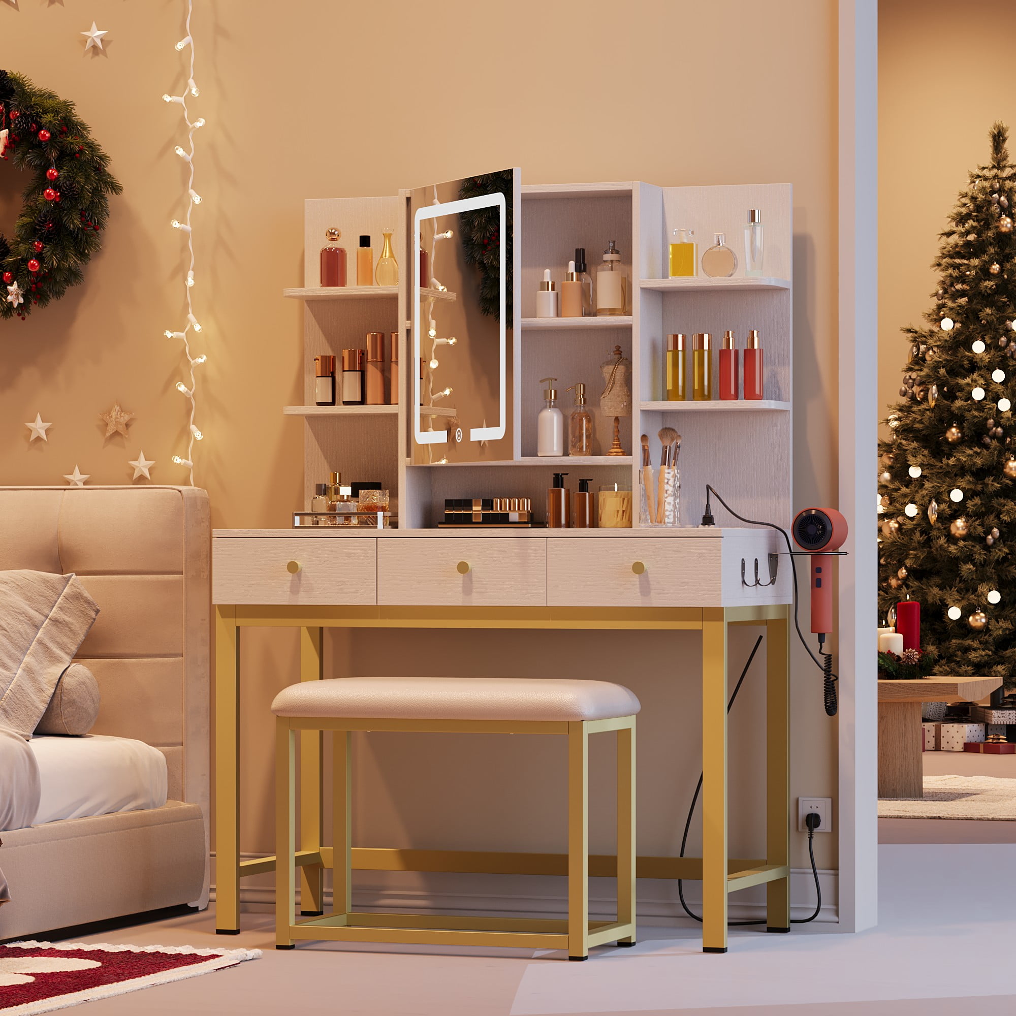 Uforic White Makeup Vanity Desk Set with LED Mirror & Lights, 3 Drawers Storage, Power Outlet, Stool - Modern Bedroom Furniture