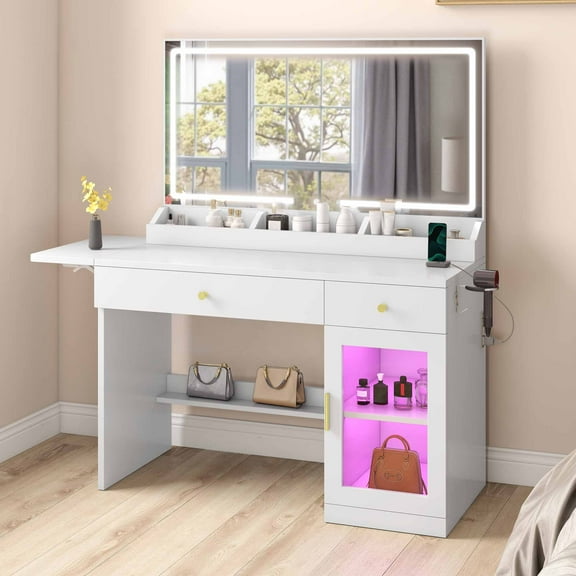 Uforic White Vanity Desk with LED Light Mirror & Power Outlet , Makeup Vanity with Extral Foldable Panel, Vanity Table with RGB Cabinet for Bedroom