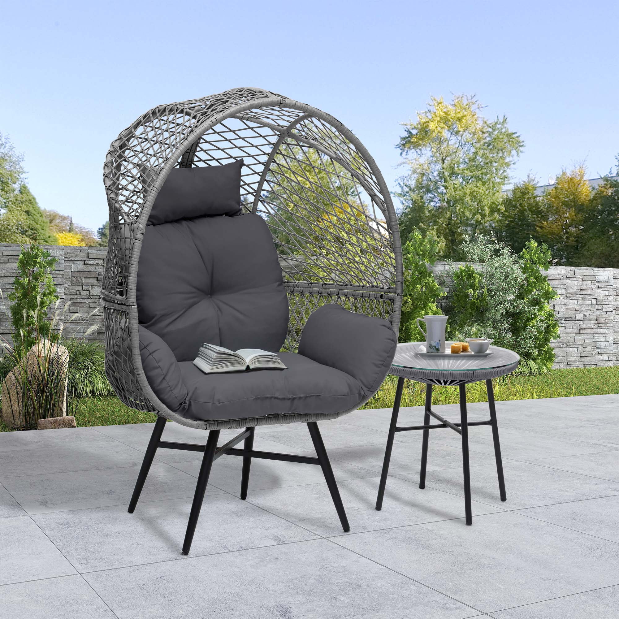 Uforic Wicker Egg Chair Set with a Stand, Comfortable Cushions and a Coffee Table, Suitable for Indoor and Outdoor Use
