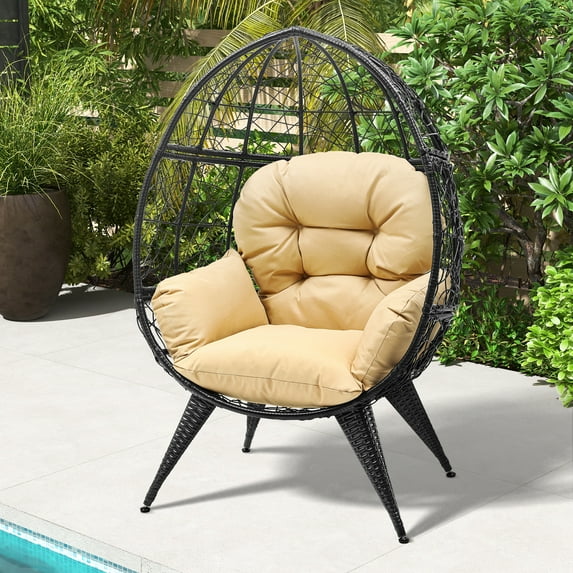 Uforic Wicker Egg Chair with Stand & Cushion, Oversized Indoor/Outdoor Lounger, Beige