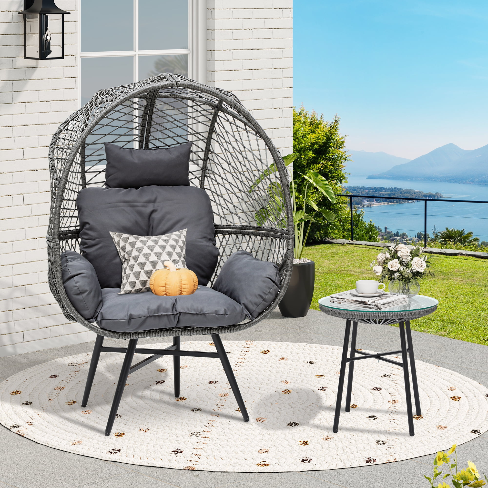 Uforic Wicker Egg Porch Swings with a Table, Suitable for Indoor and Outdoor Use