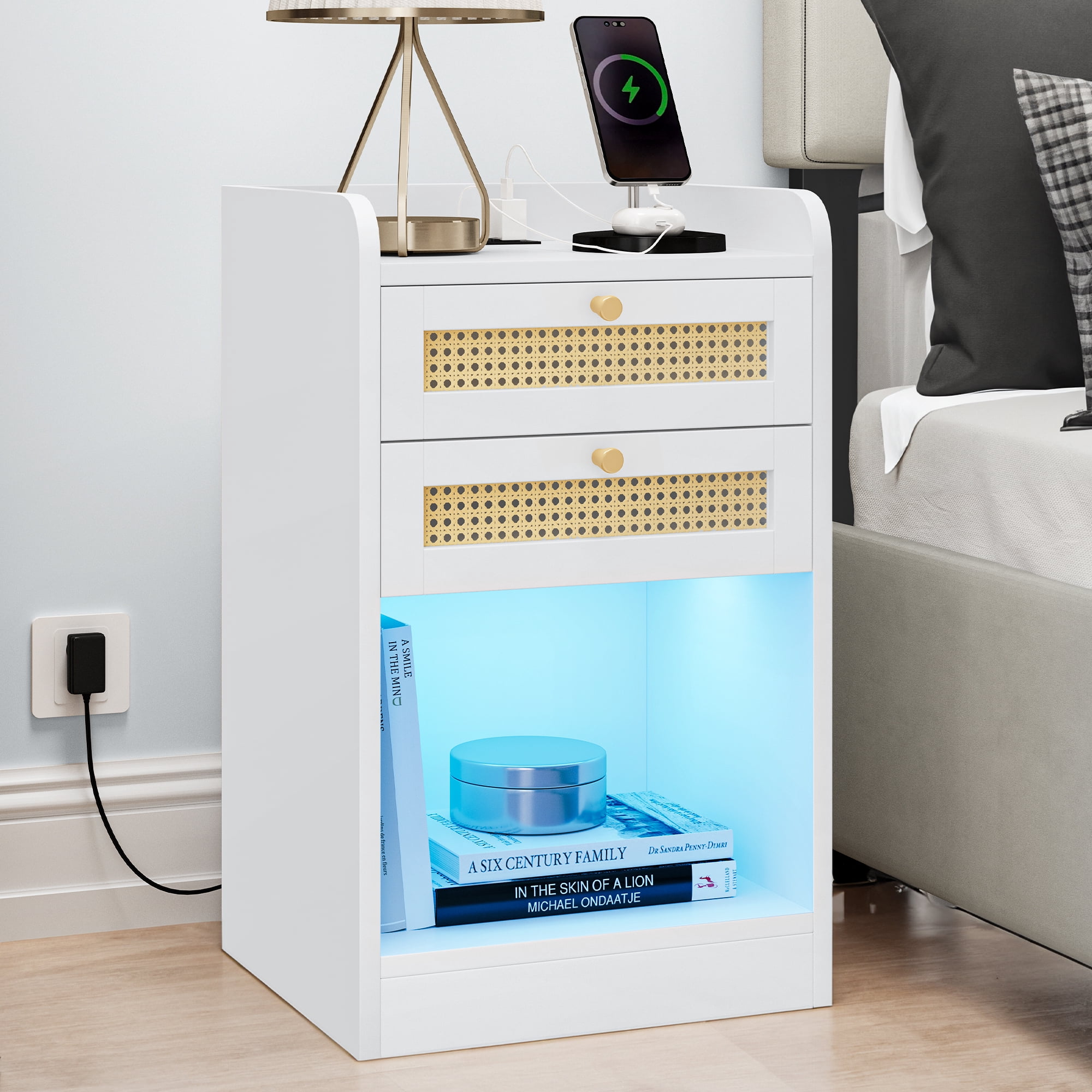 Uforic Wicker Nightstands with 2 USB Ports, UL Certification, 2 Wicker Drawers, and Instruction Manual,White