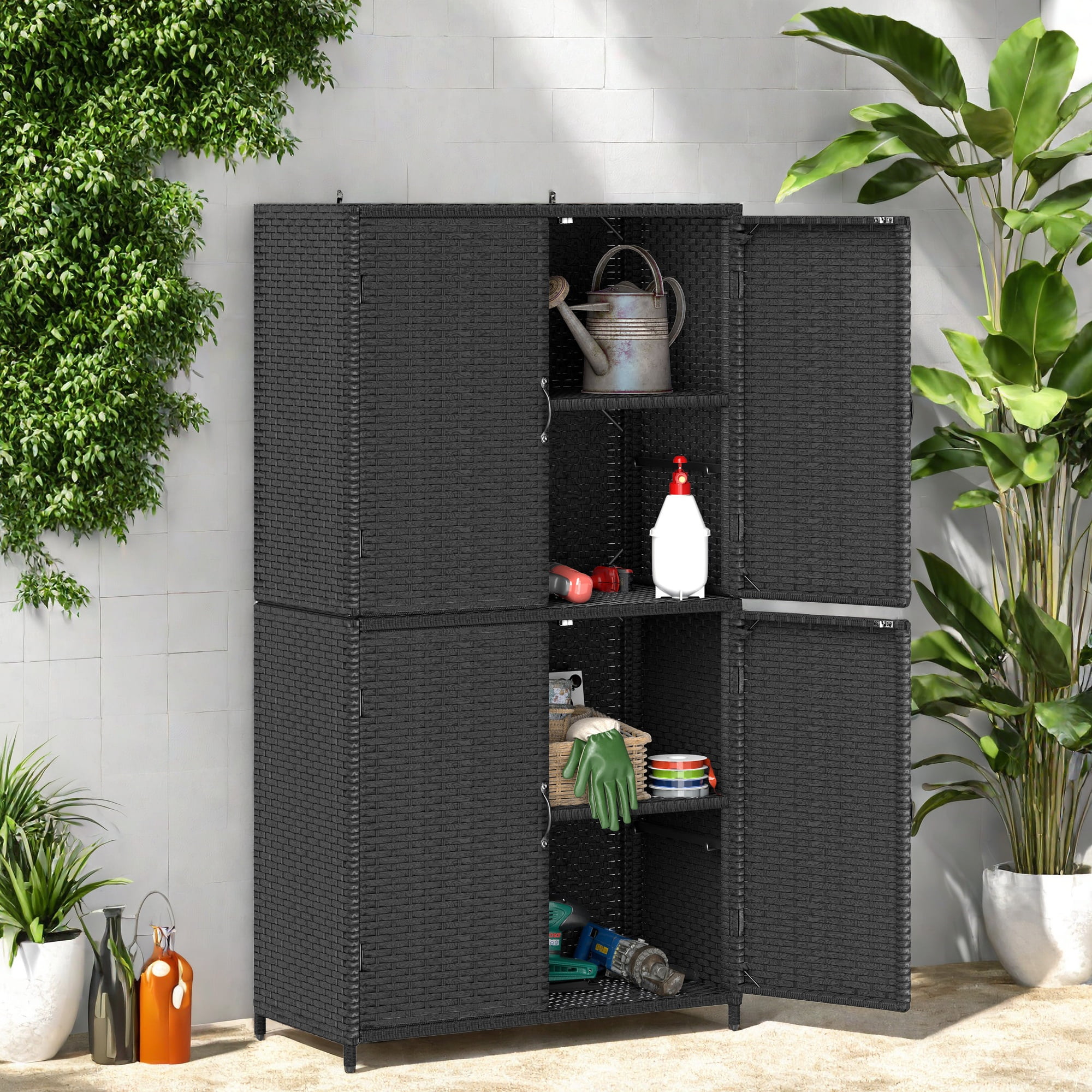 Uforic Wicker Outdoor Storage Shed with Double Doors, Black Patio Cabinet for Garden, 556 sq. ft ...